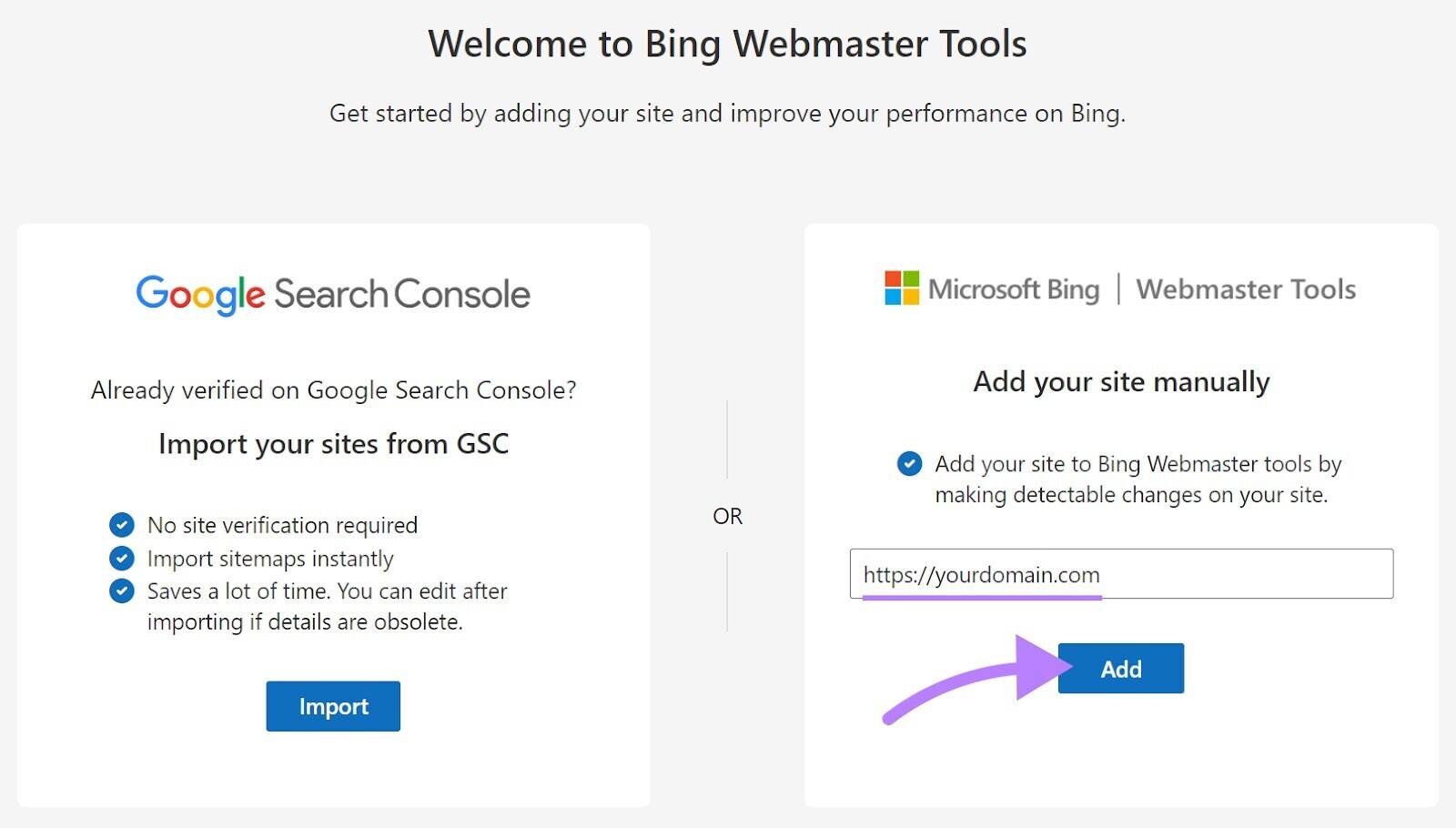 "Bienvenue dans les outils pour les webmasters Bing" fenêtre