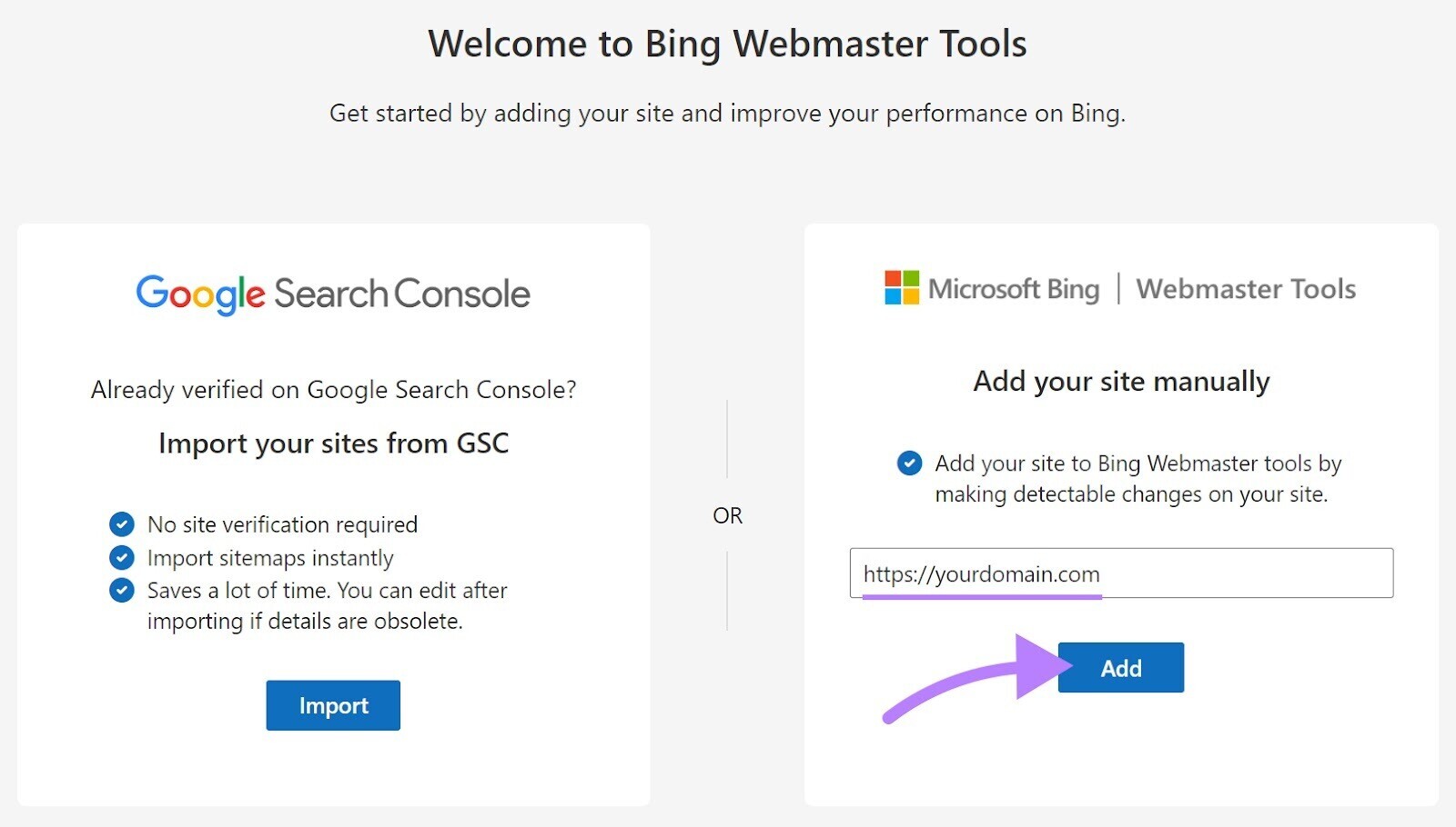 Janela "Bem-vindo ao Bing Webmaster Tools"