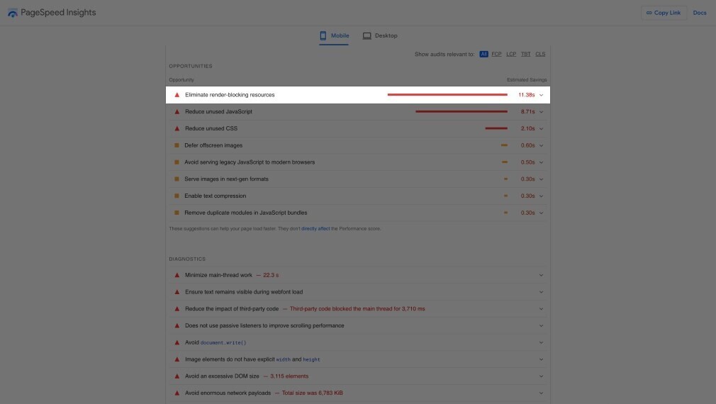 PageSpeed Insights results page