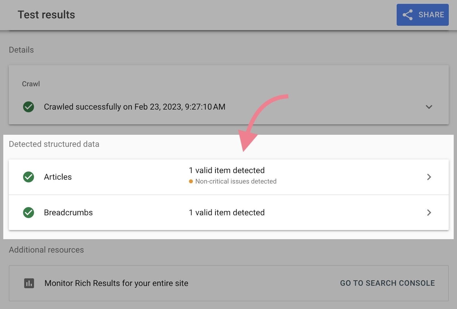 Rich Results Test showing a blog post using structured data like “Articles” and “Breadcrumbs”