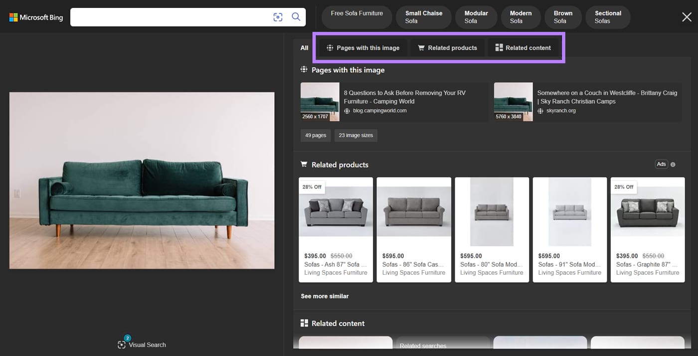Bing Visual Search engine results for an image of a green sofa