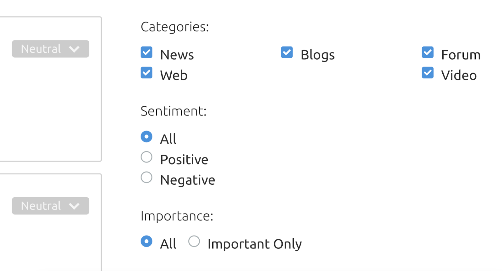 Filters for categories, sentiment and importance on the 'Mentions' tab of the 'Media Monitoring' tool.
