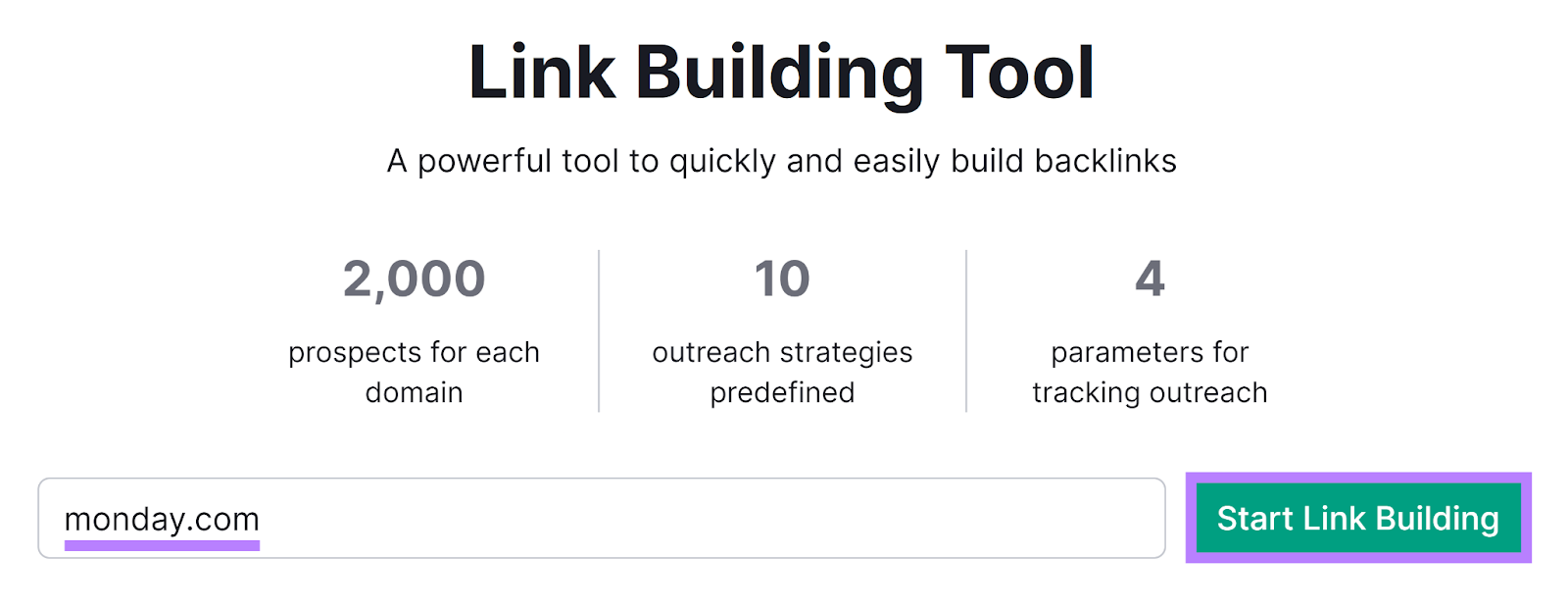 Semrush Link Building Tool start with domain entered and Start Link Building button highlighted