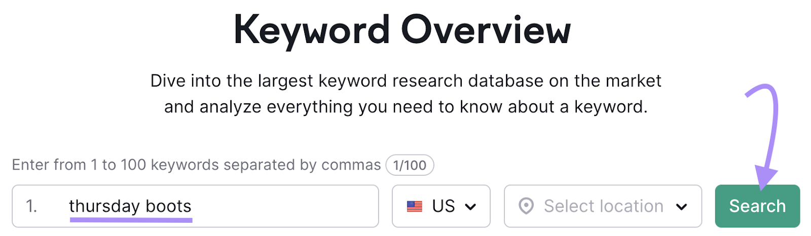 "thursday boots" entered into Keyword Overview search bar