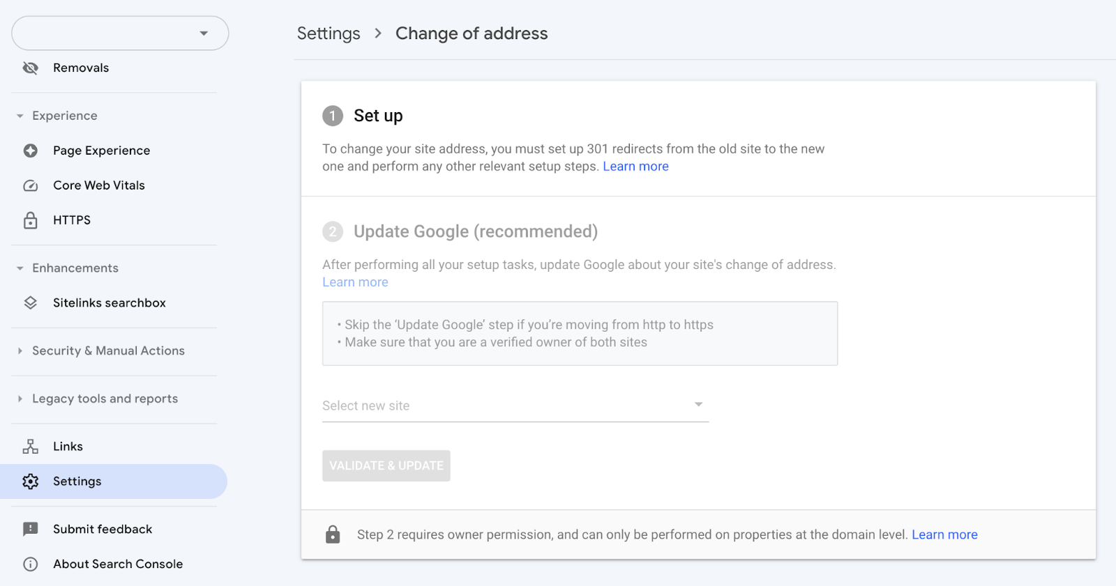 Change of address page in Google Search Console