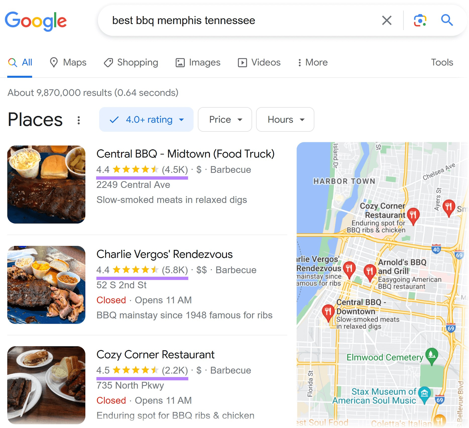 example of high-ranking results on Google for "best bbq memphis tennessee" with reviews highlighted