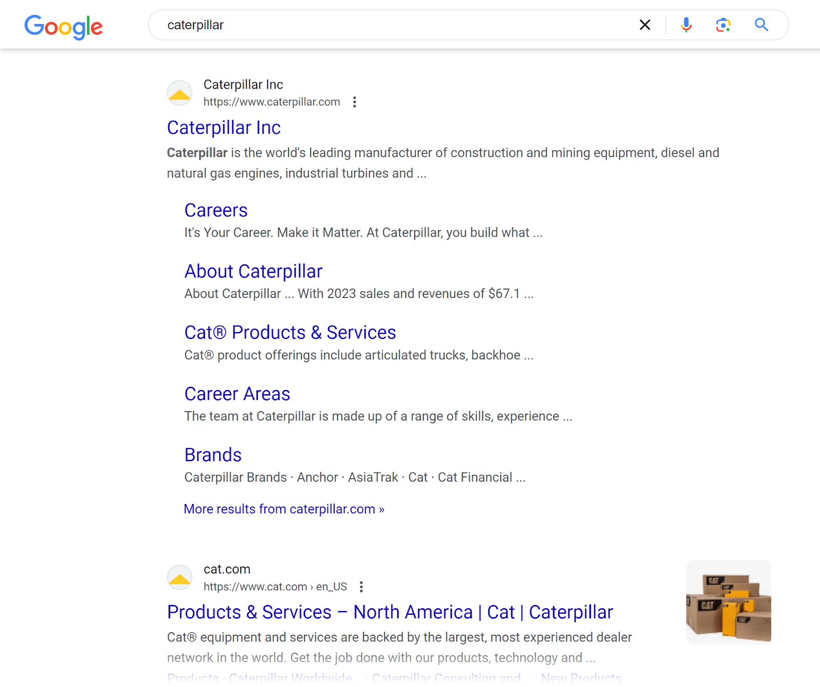 Google SERP for 'caterpillar' with search results dominated by the construction brand