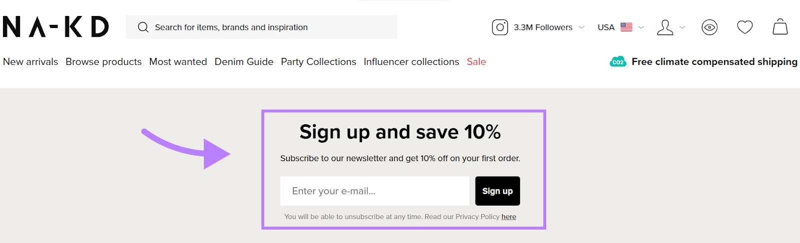 "Sign up and save 10%" message on NA-KD's website