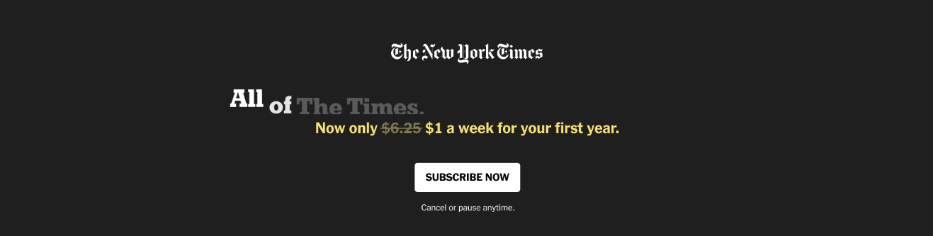 New York Times banner ad inviting new subscribers