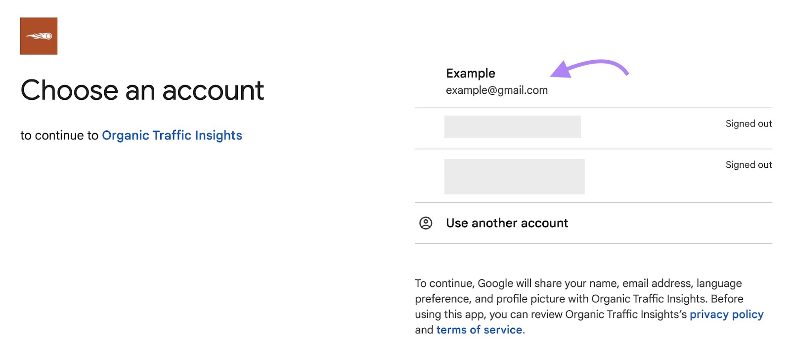 Option to choose from a list of of Google accounts to connect with Organic traffic insights with the first account selected.
