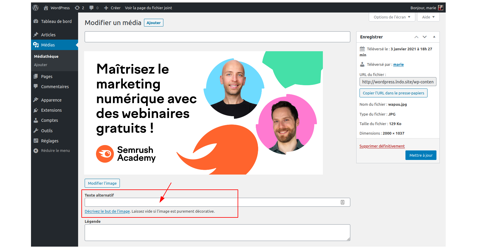 Spécifier le texte alternatif dans Wordpress