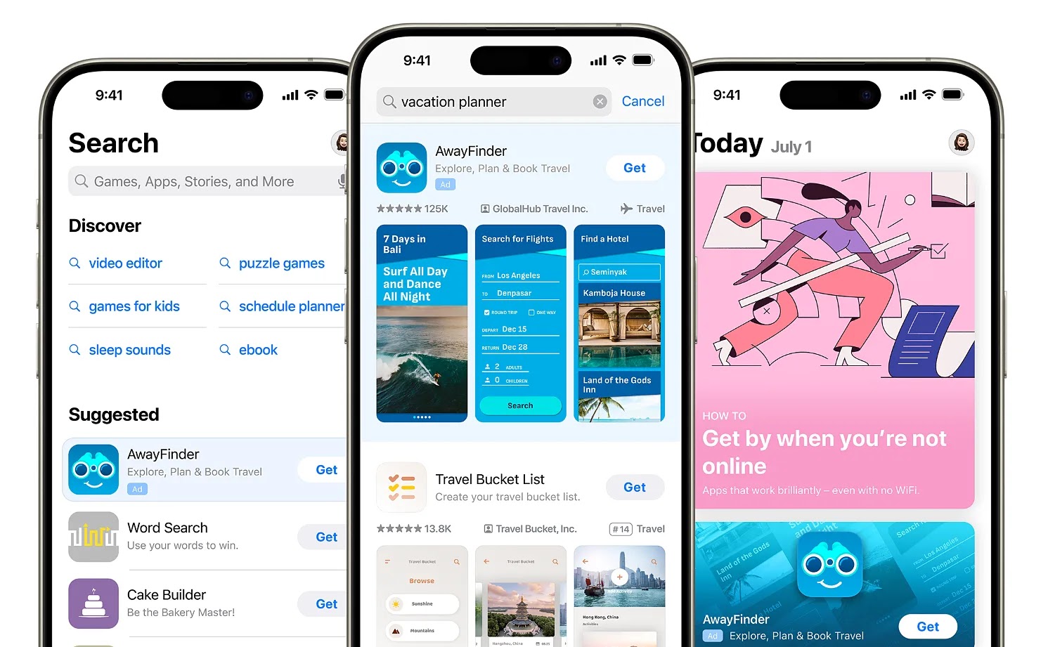 Apple's example of multiple places where AwayFinder's app ad appears