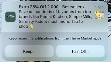Thrive Market's push notification, giving users an option to turn off notifications