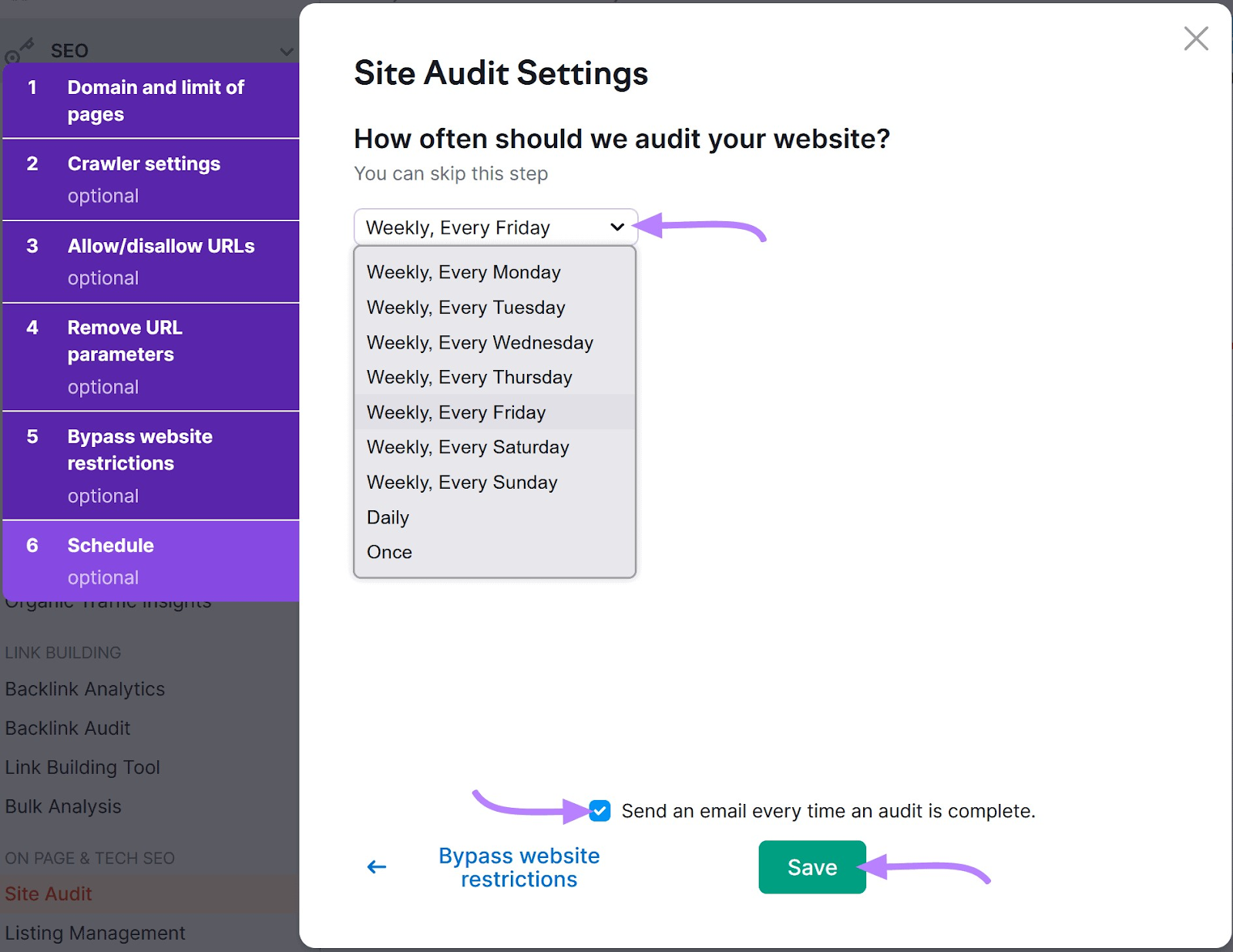 Programar auditorías del sitio en la ventana "Configuración de la auditoría del sitio"