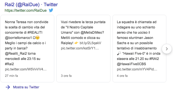 Un esempio di twitter card sulla serp di google