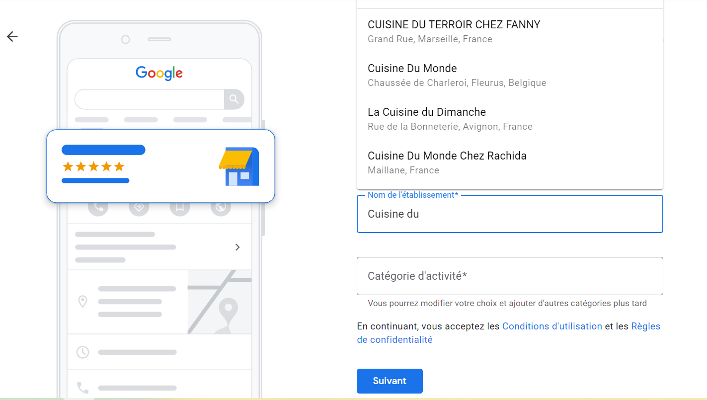 Suggestion d'établissements lors de la Création d'un compte Google Business Profile