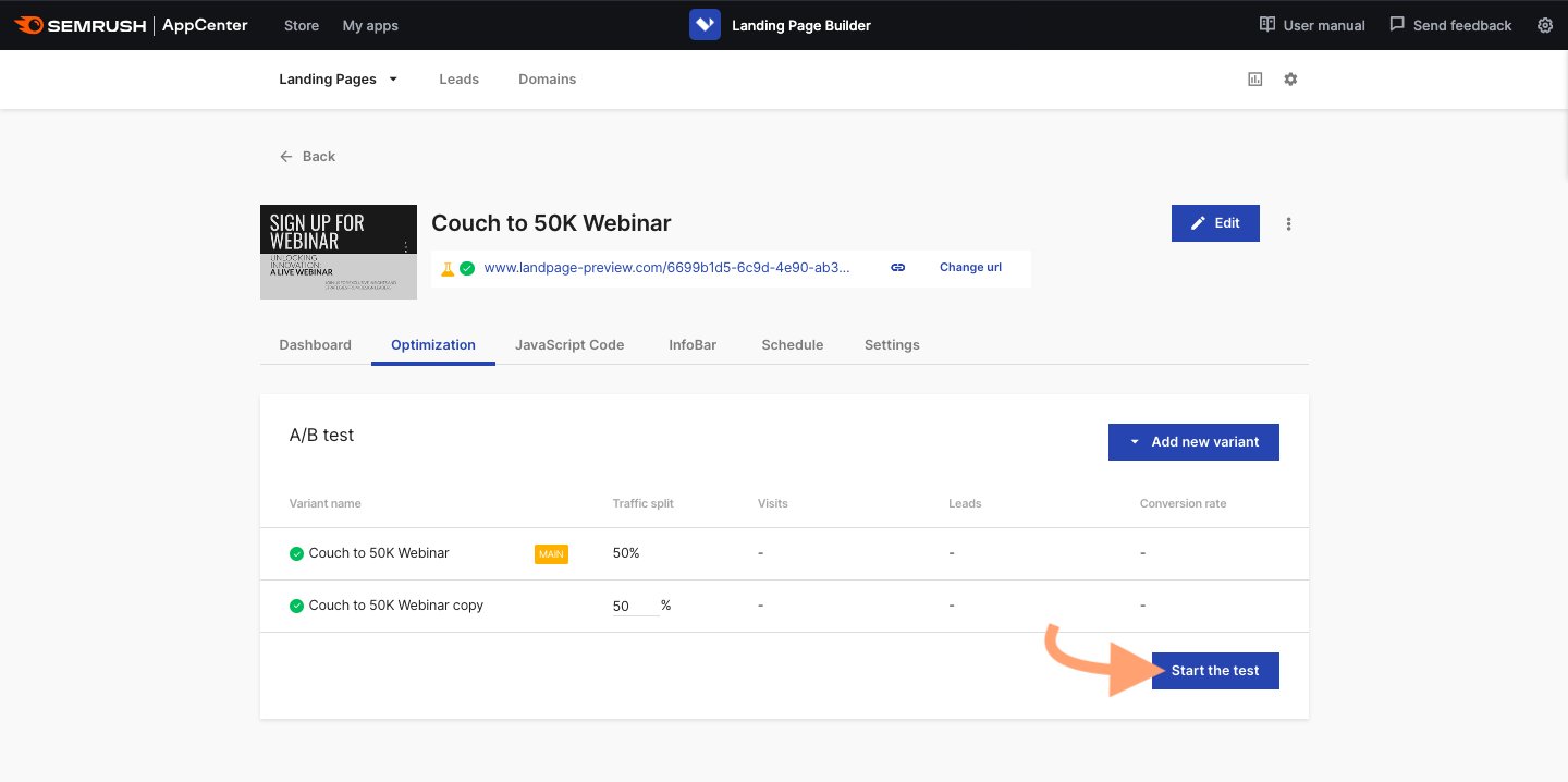 L'onglet optimisation dans le tableau de bord de Landing Page Builder avec le bouton Démarrer le test indiqué.