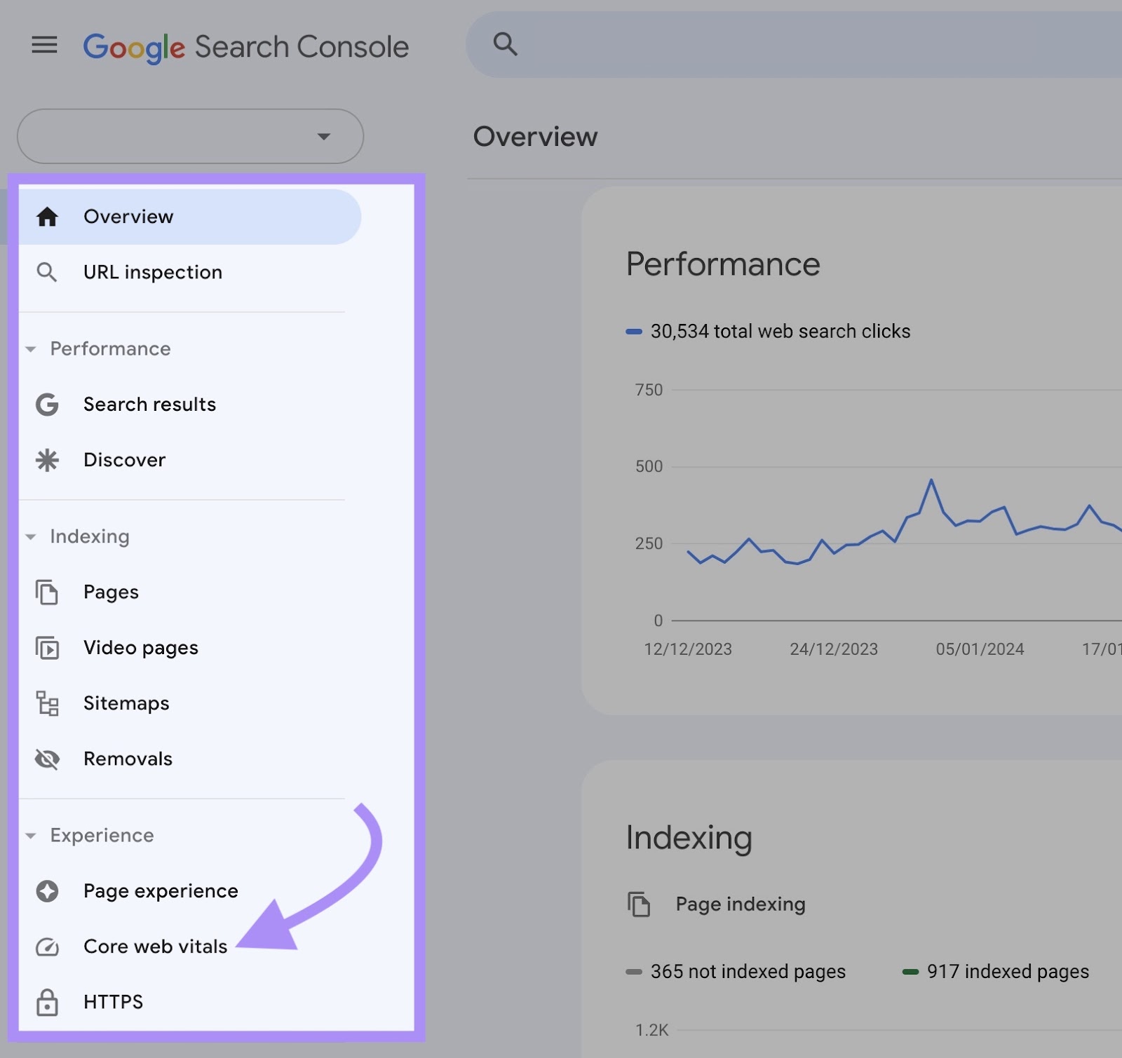 "Core Web Vitals" ،on highlighted in Google Search Console menu