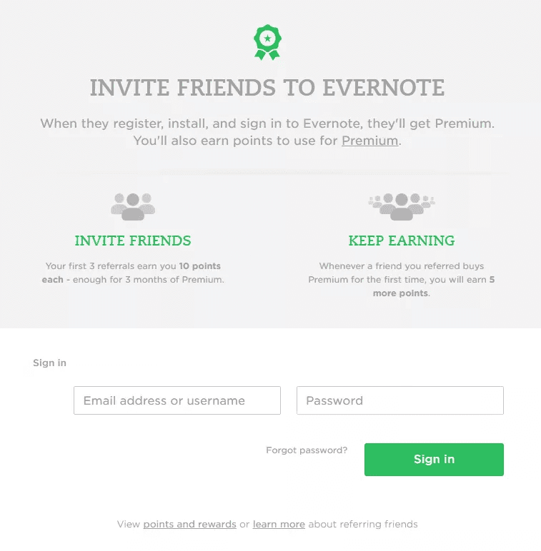 Evernote's loyalty program section of the site