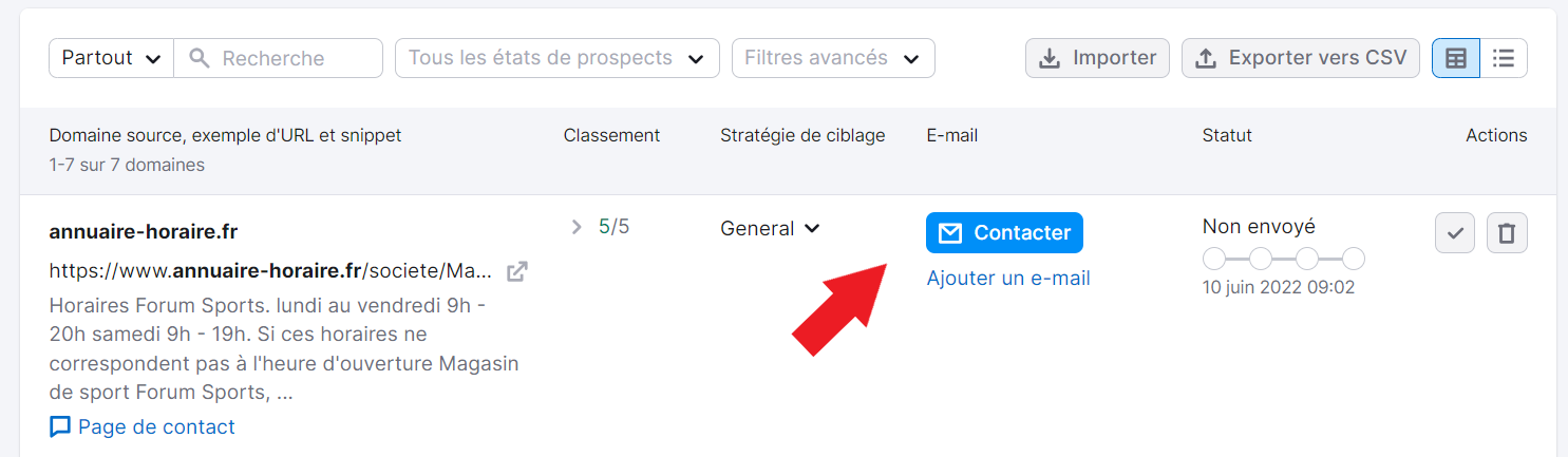 Bouton Contacter dans Link Building Tool