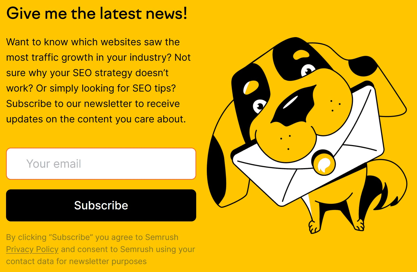 "Give me the latests news" section from Semrush's website, with the option for users to subscribe