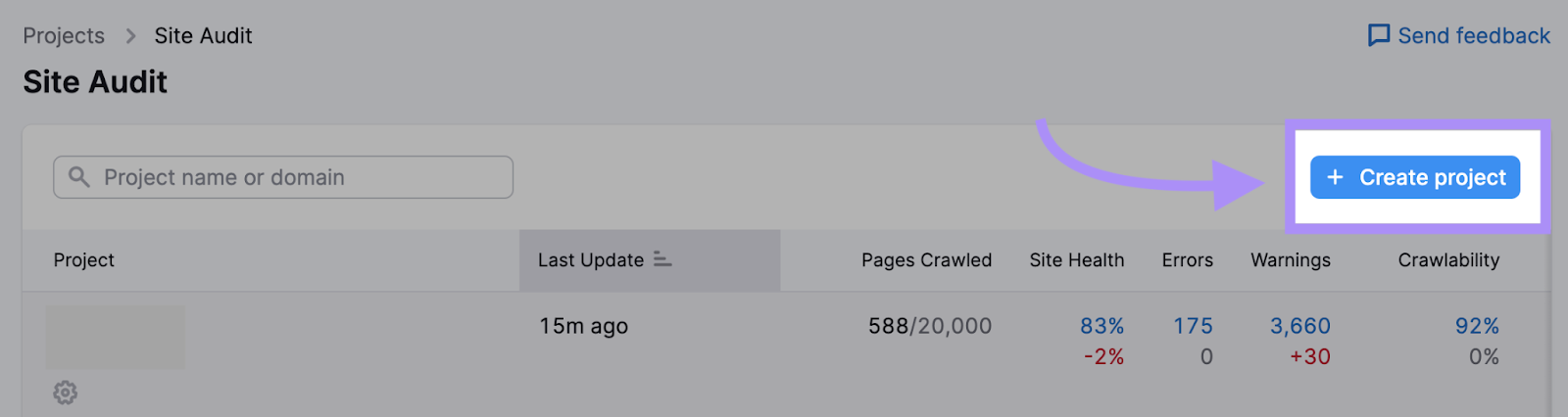 "Projects" page on Site Audit with the “+ Create project” button clicked.