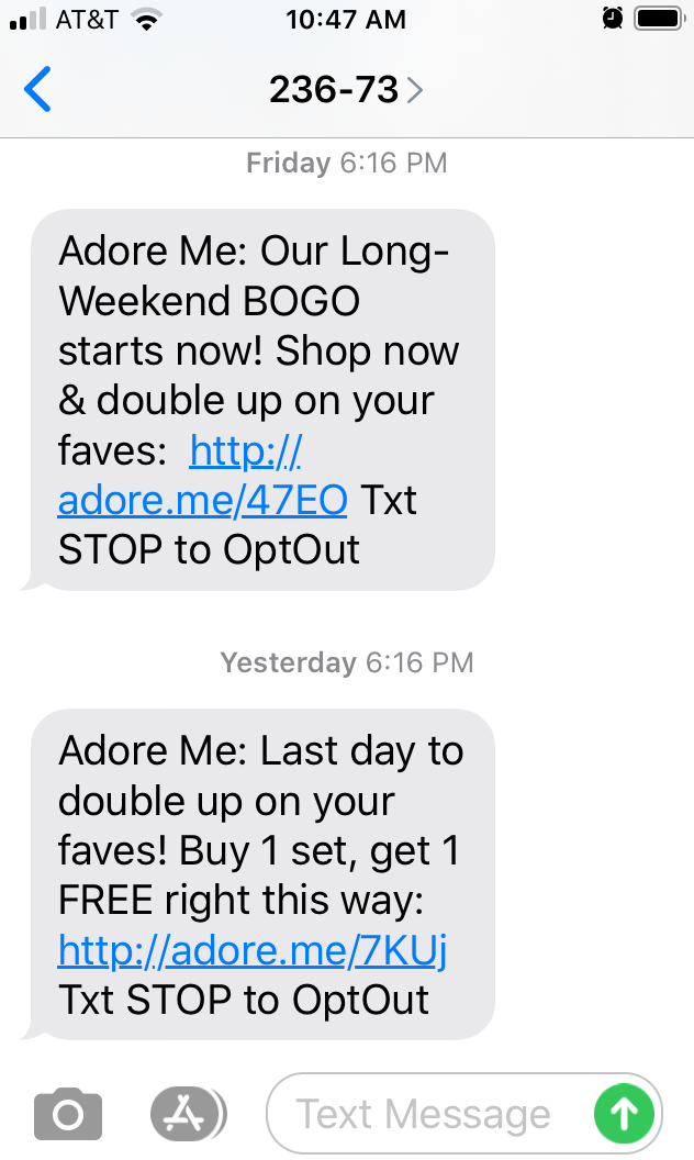 Adore Me's SMS marketing messages
