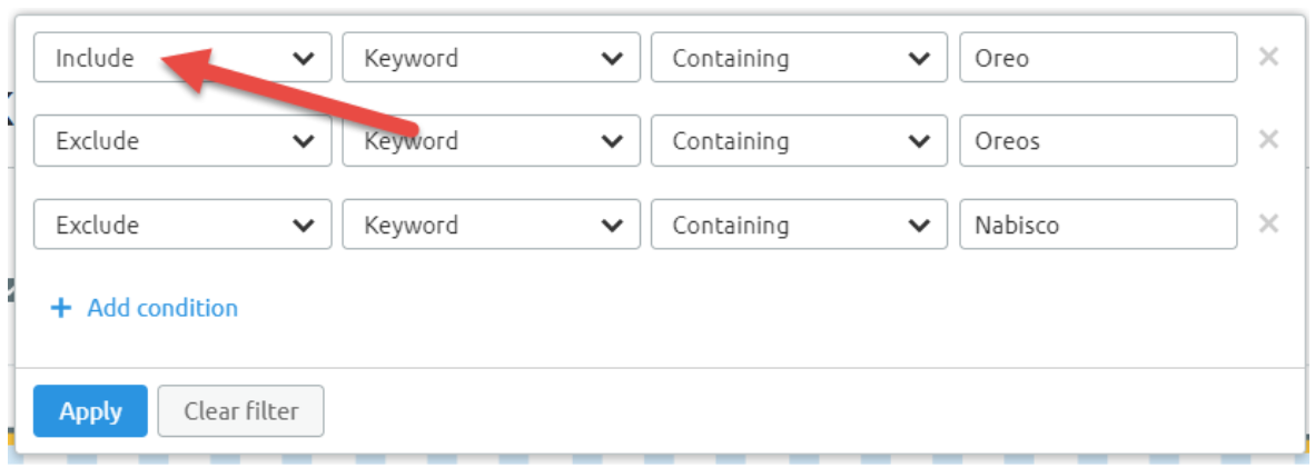 SEMrush multi-filtering option