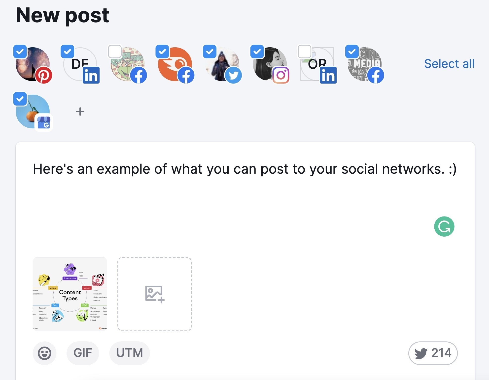 Semrush Social Media Poster lets you create and schedule posts on multiple social platforms, shorten links, edit images, and track engagement 