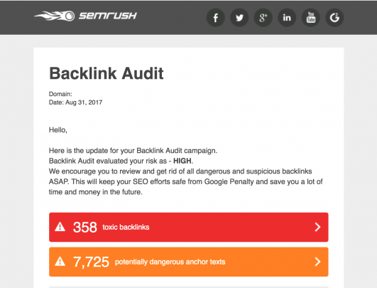 Alert SEMrush per i link tossici nel tuo profilo backlink