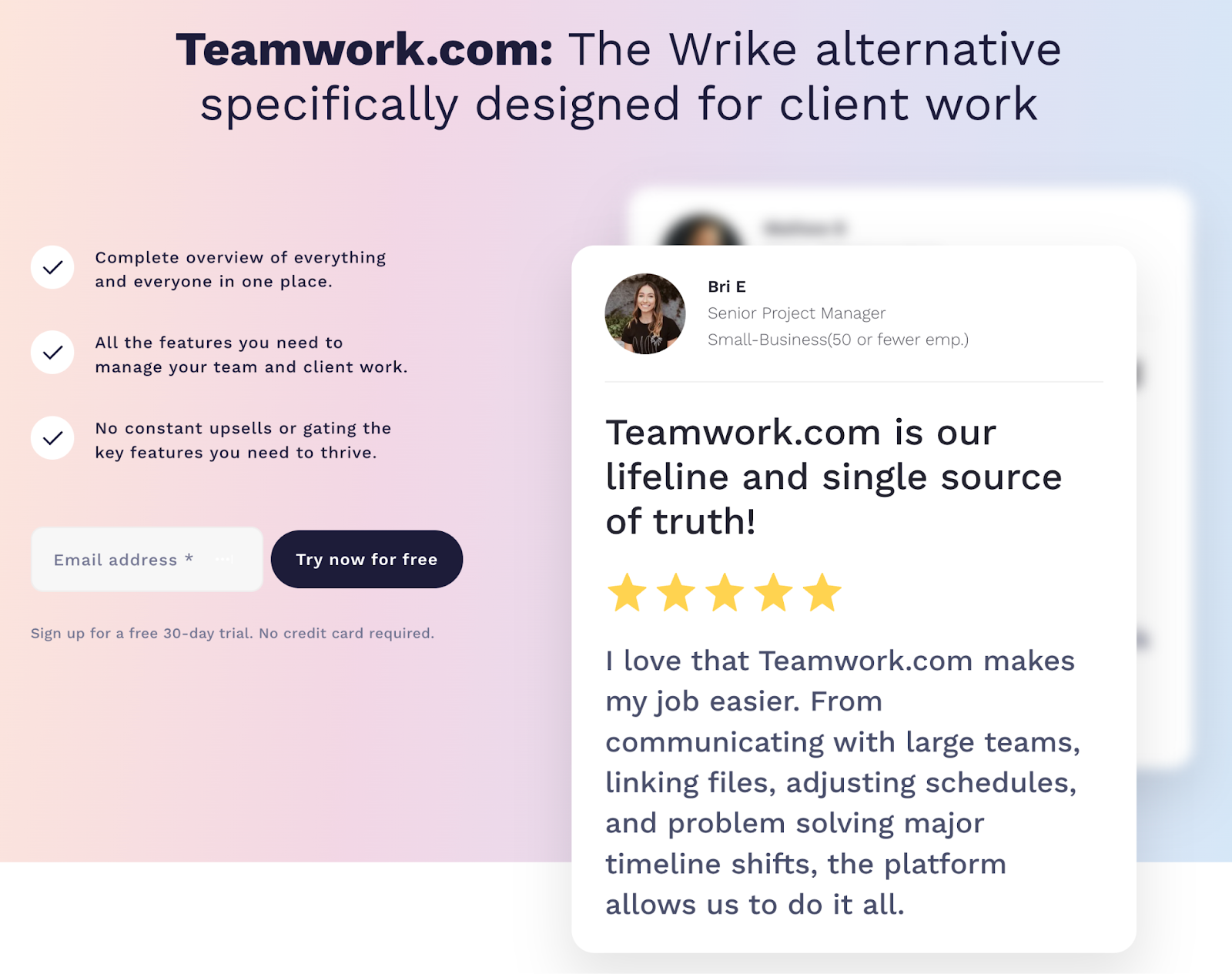  The Wrike replacement specifically designed for customer work." The leader includes testimonials and benefits.