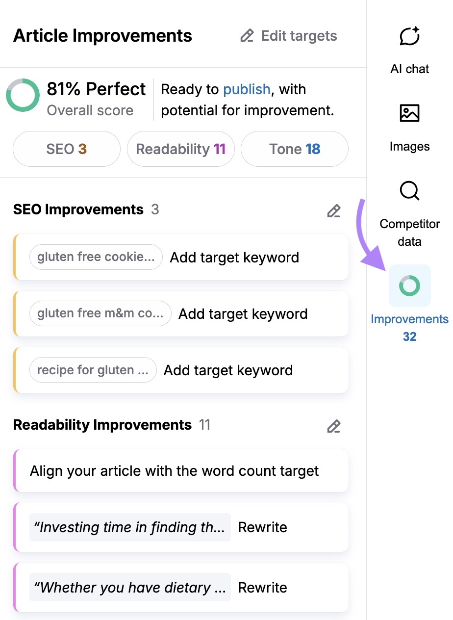 Article Improvements connected  ContentShake AI showing a database  of SEO, readability, and code    suggestions to further optimize a portion   of content.