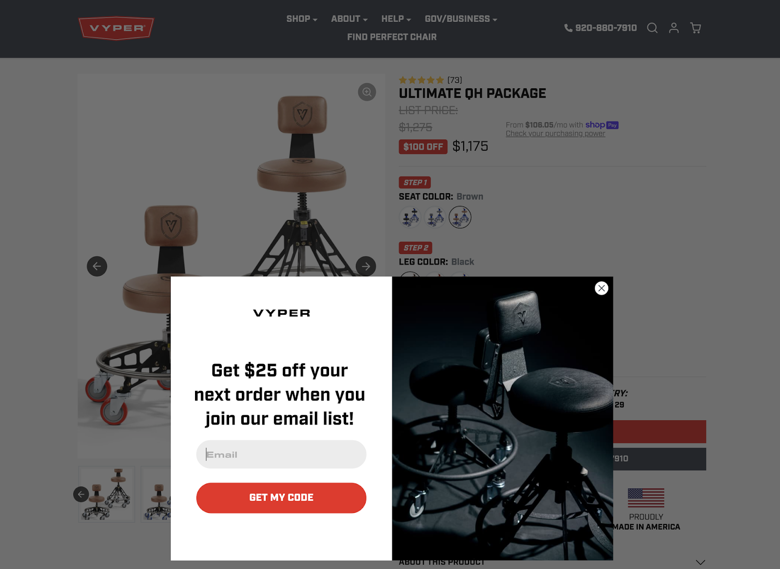 Vyper product page for the rolling chair from the ad, page shown with popup