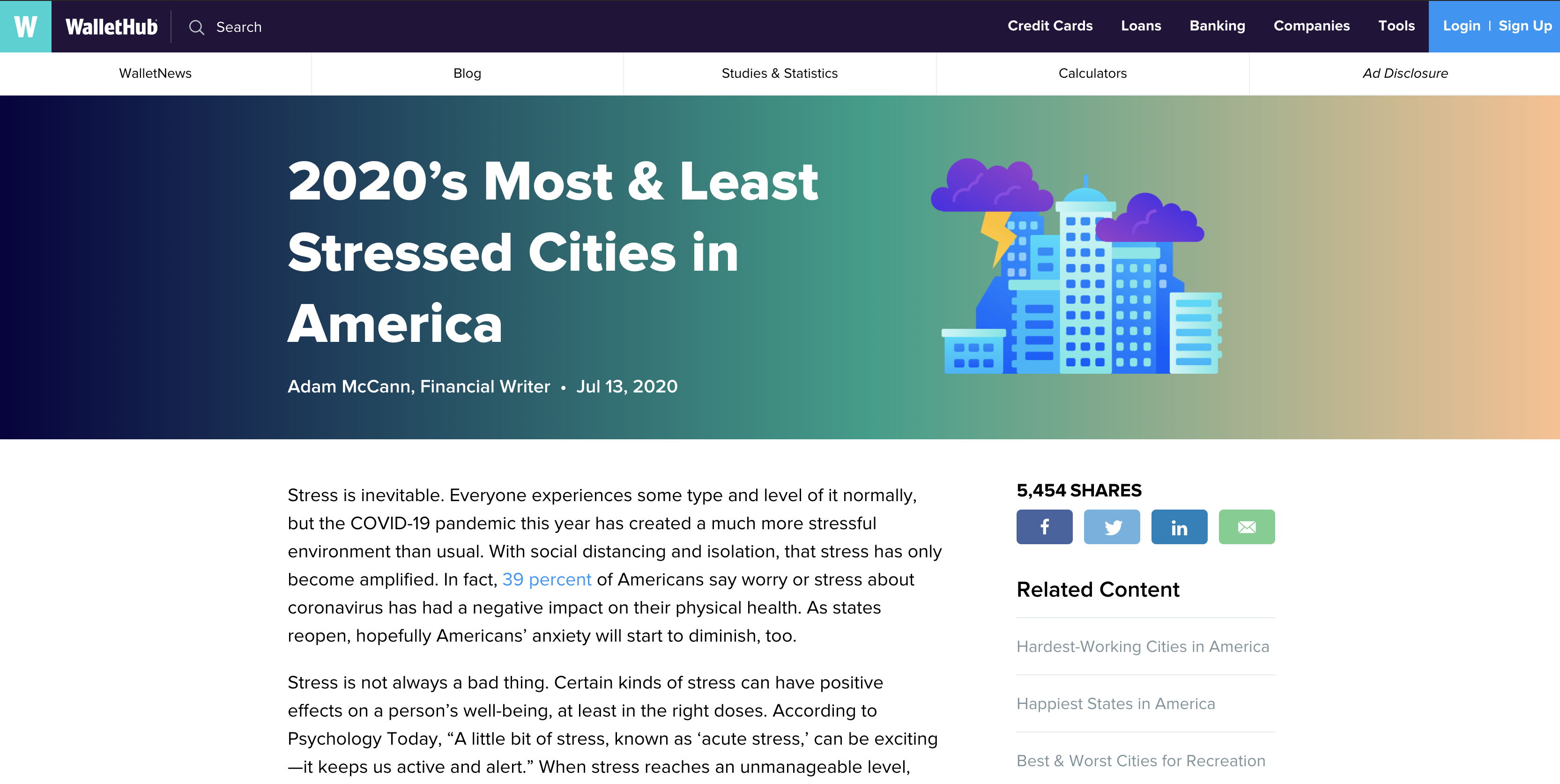 WalletHub stressed cities article screenshot