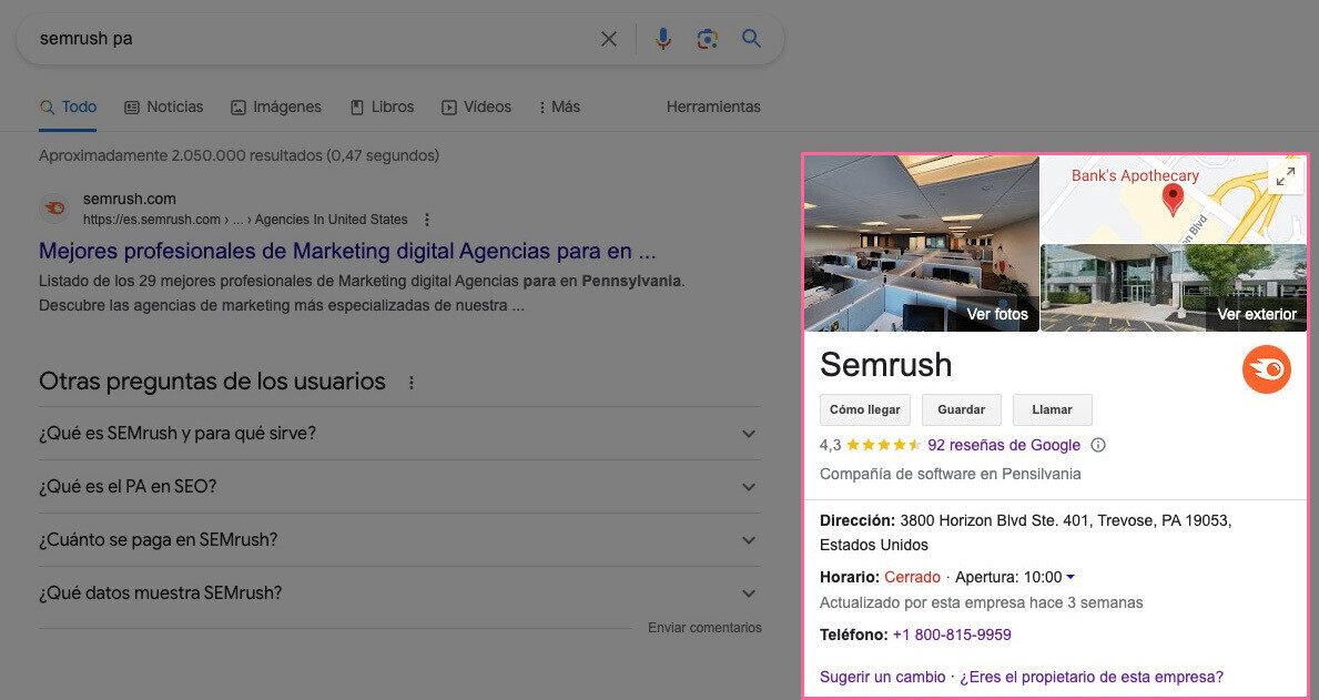 Perfil de empresa en Google de Semrush