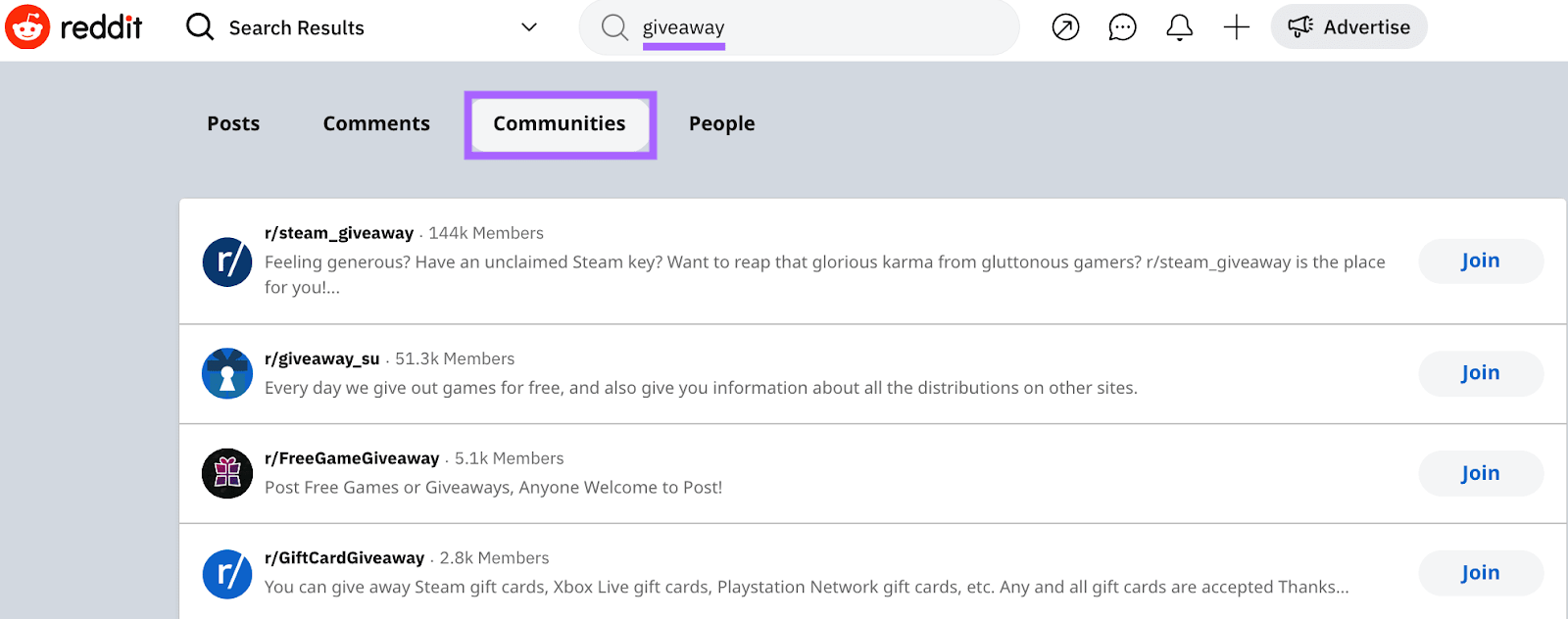 "giveaway" search on Reddit under "Communities" tab