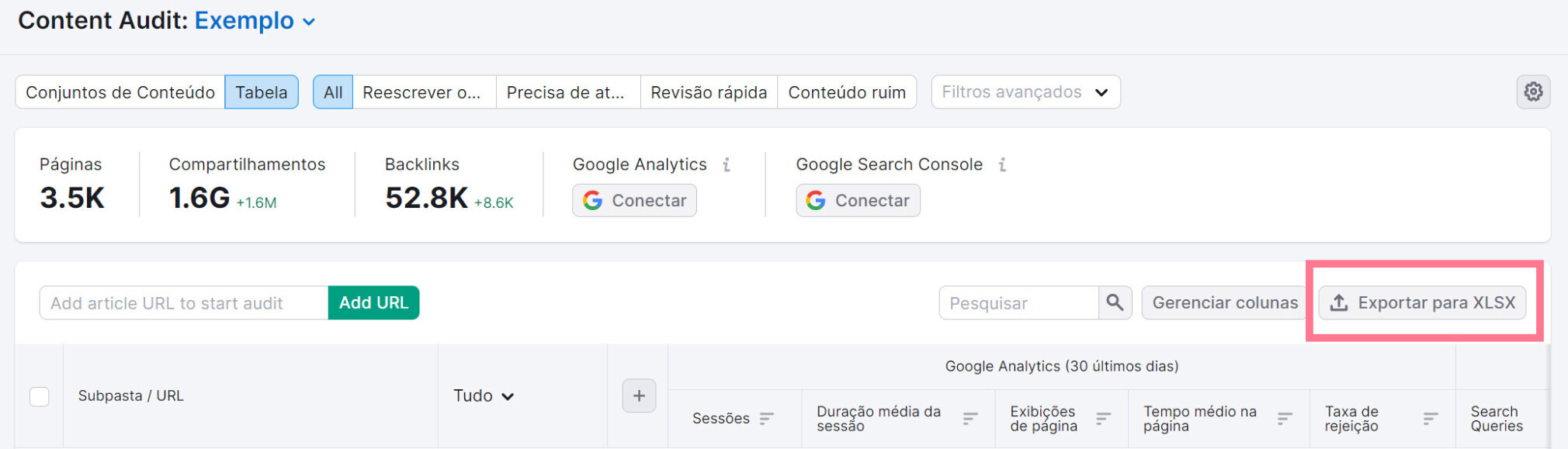 exportando planilha de resultados na ferramenta content audit