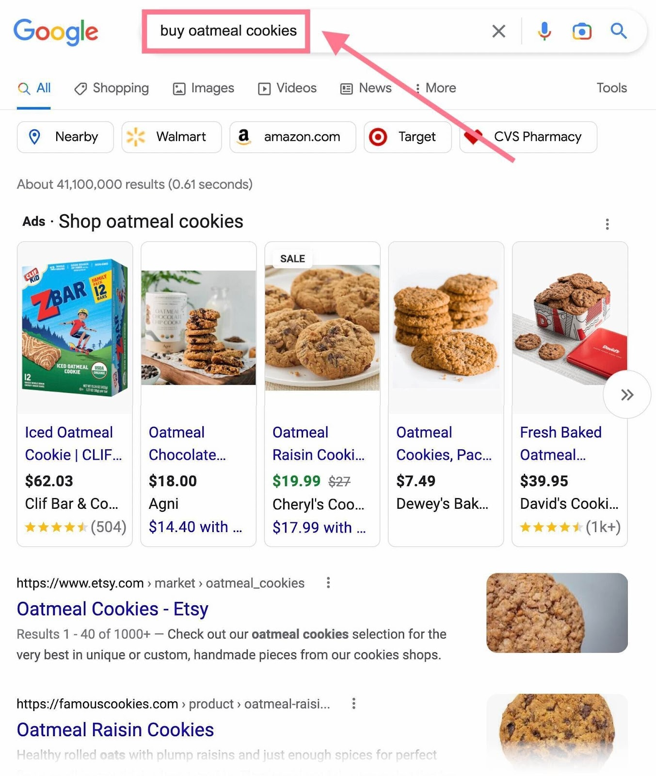 The search results for “buy oatmeal cookies”