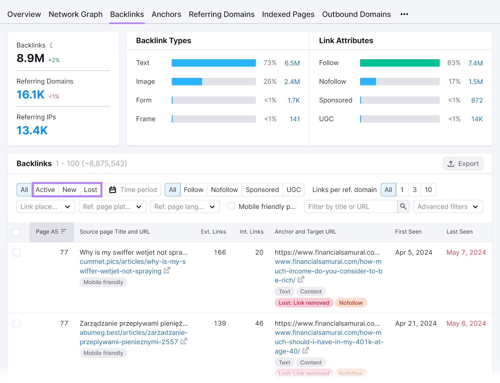 "Backlinks" tab of the Backlink Analytics tool with the "Active", "New" and "Lost" filters highlighted