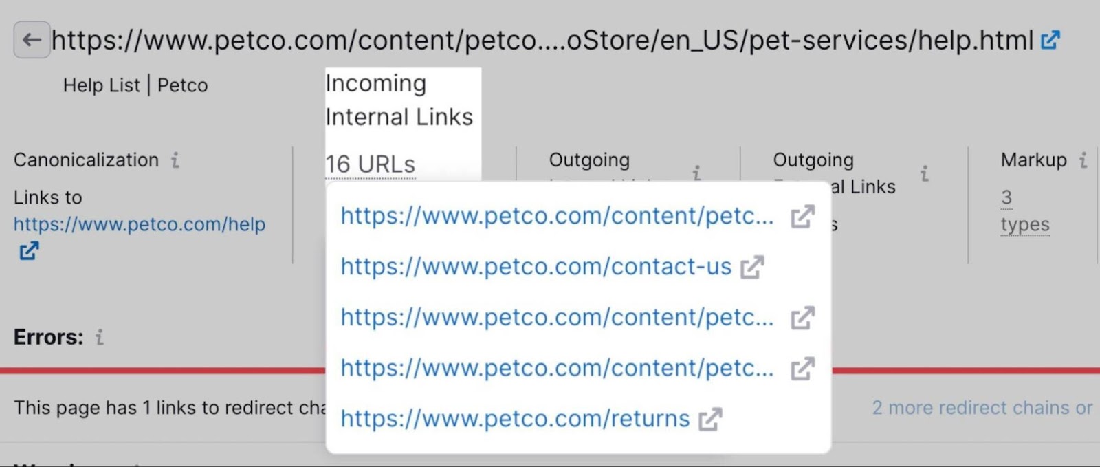 Incoming internal links list s،ws URLs.