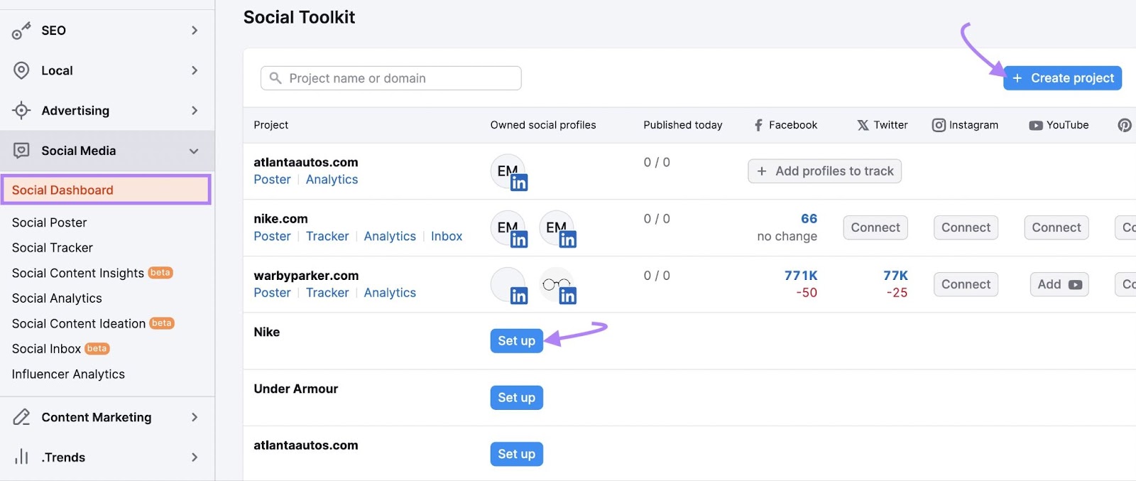 Social dashboard tool by Semrush with 3 projects to set up and create project highlighted