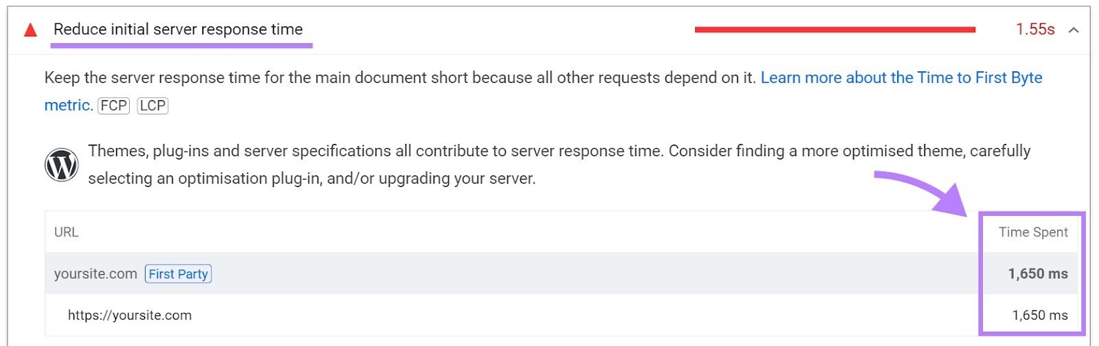 “Reduce initial server response time” page