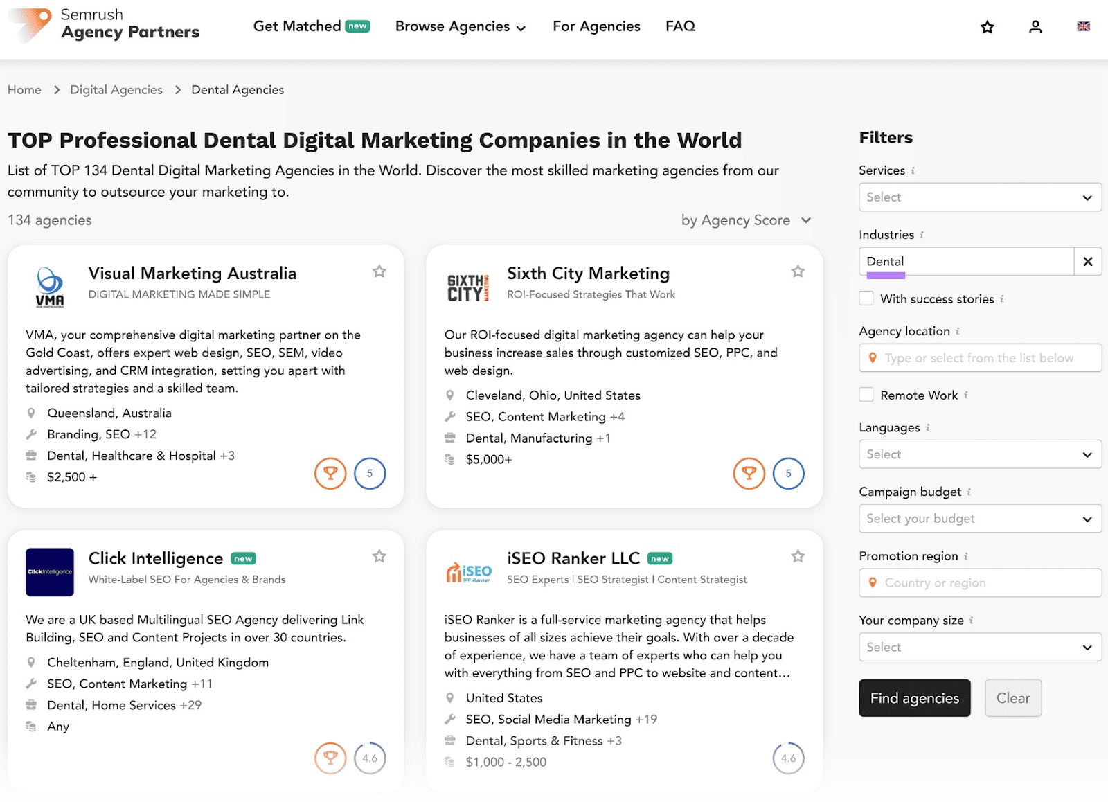 Results for dental digital marketing companies in Semrush Agency Partners
