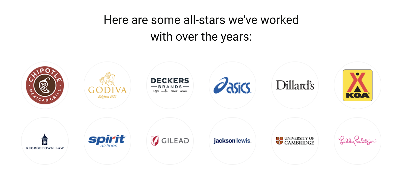 A subheading "Here are some of the all-stars we've worked with over the years:" above logos from various brands, such as Chipotle and Godiva.