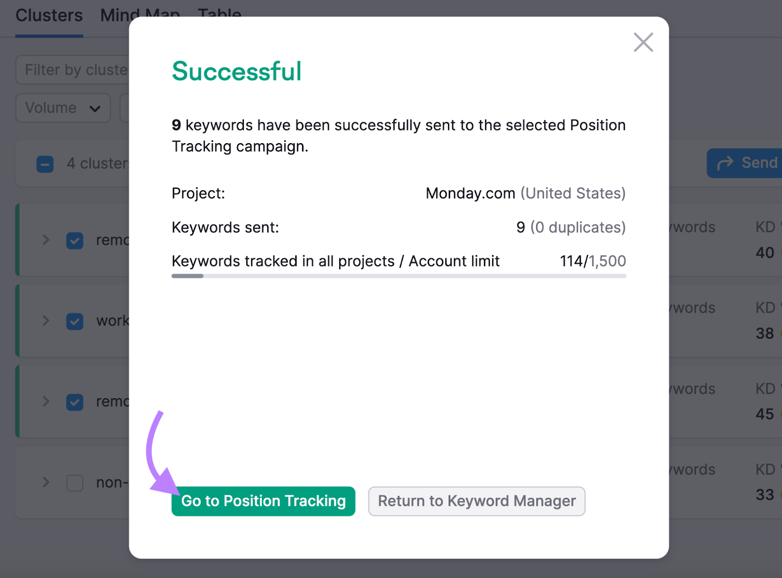 “Go to Position Tracking” button selected under "Successful" window