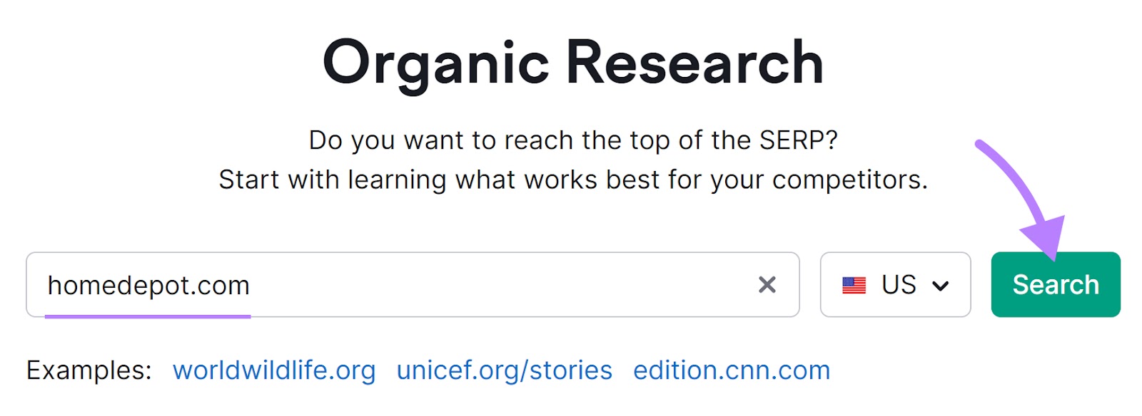 "homedepot.com" entered into Organic Research search bar