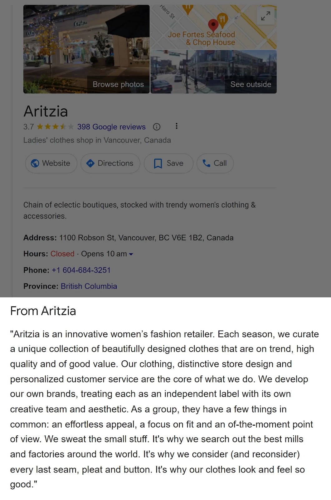 GBP statement  from manner  boutique Aritzia