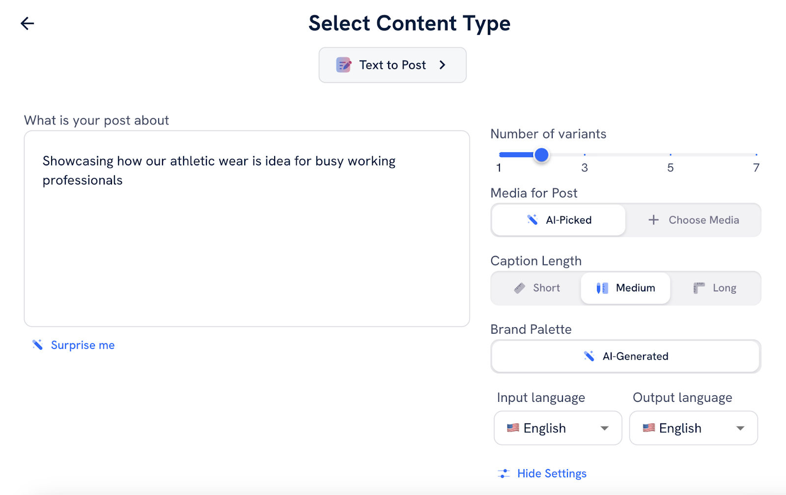 Content creation with AI allows you to choose number of variants, caption length, and brand palette as you turn text into a post.