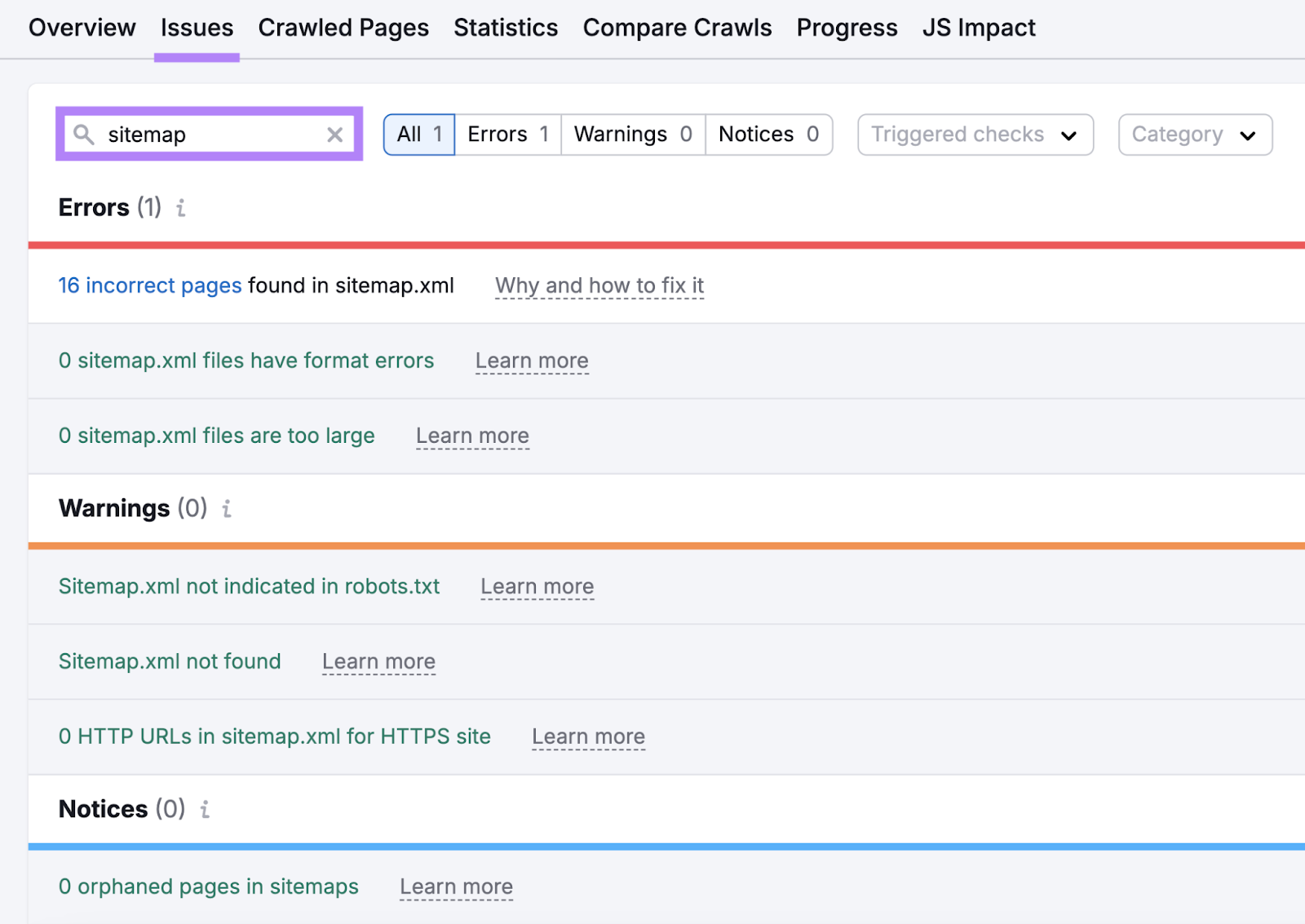 search for sitemap successful  Site Audit lists issues similar  incorrect pages, format errors, not found, oregon  orphaned pages