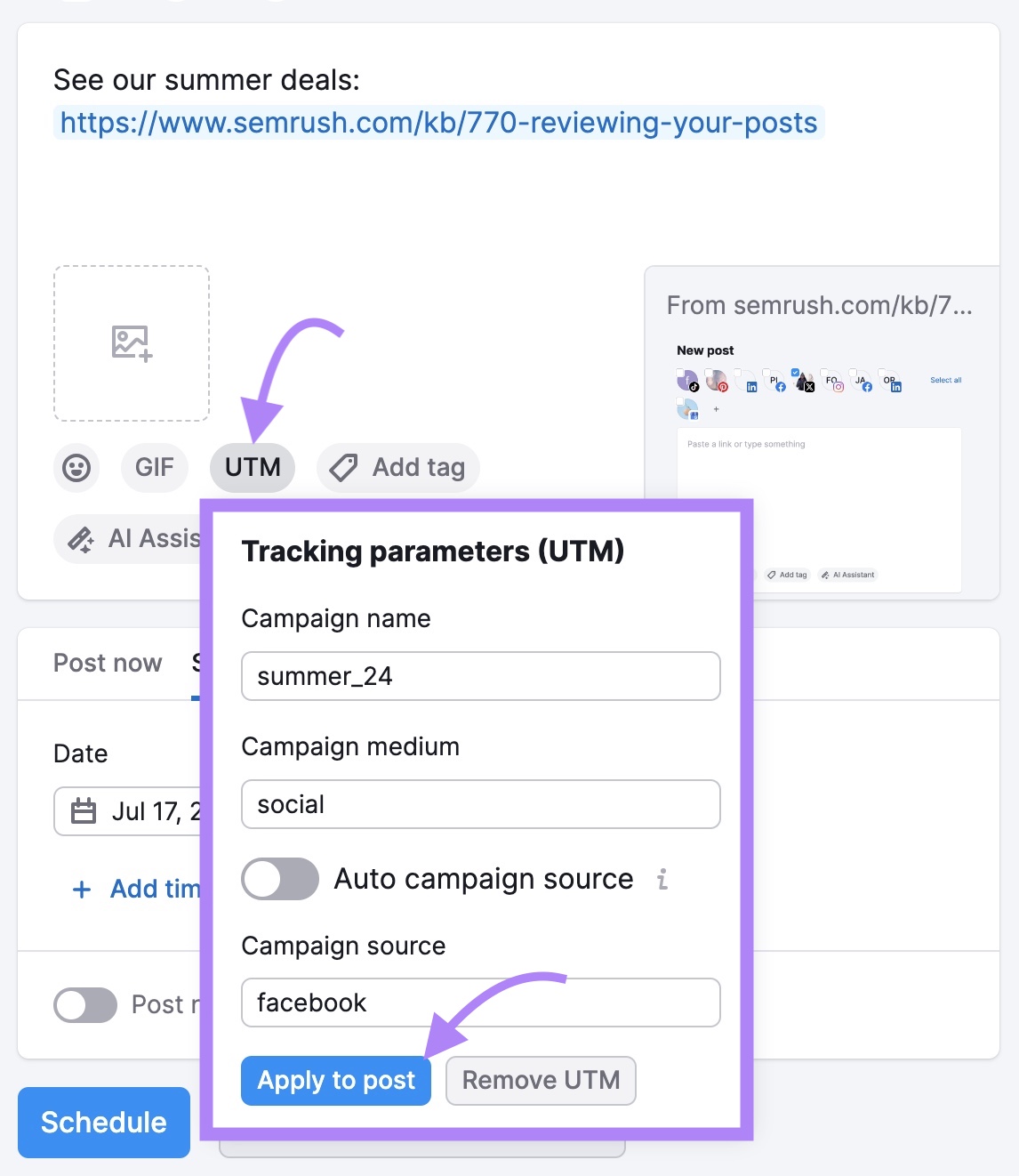 "UTM" dropdown opened, parameters set, and "Apply to post" clicked connected  Social Poster